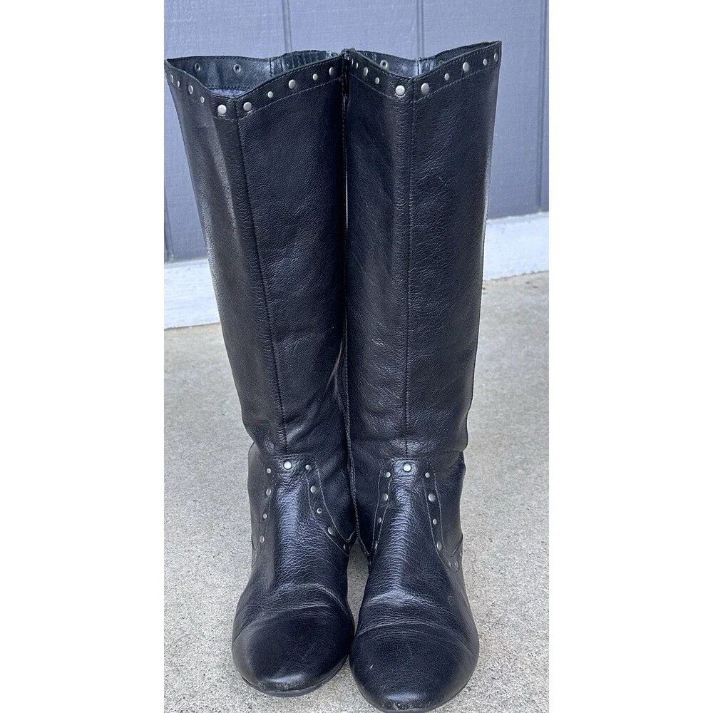 Born Women's Black Leather Tall Riding Boots Studded Trim Side Zip US 10